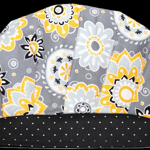 New Bouffant Scrub Cap Golden Bloom Medallions, Handmade - BW dots - Picture 4 of 8